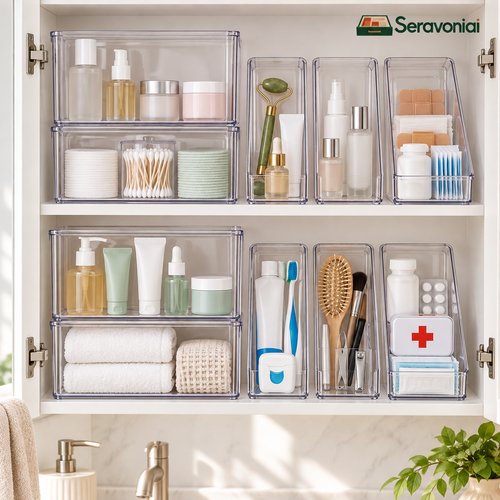 Clear Bathroom Cabinet Organizer Bin Set